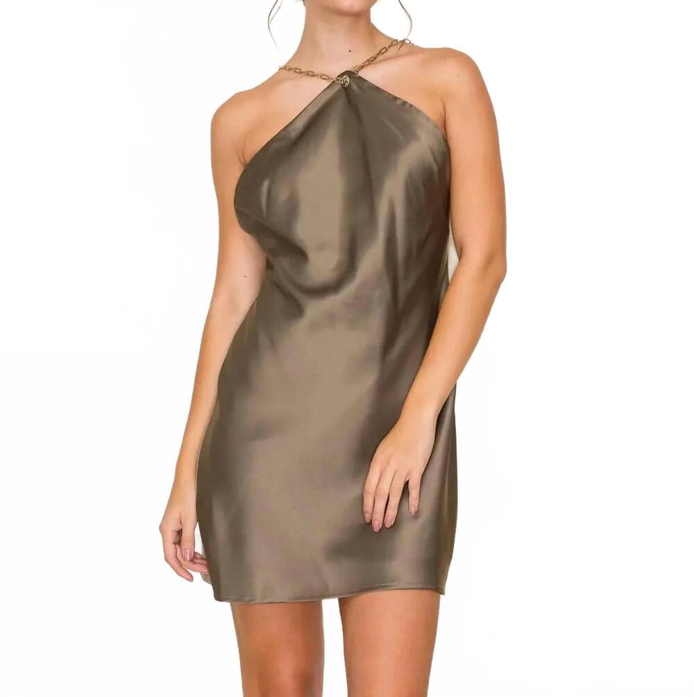 NEW B.RIGHT women's halter neck satin mini skimmer dress in dark olive